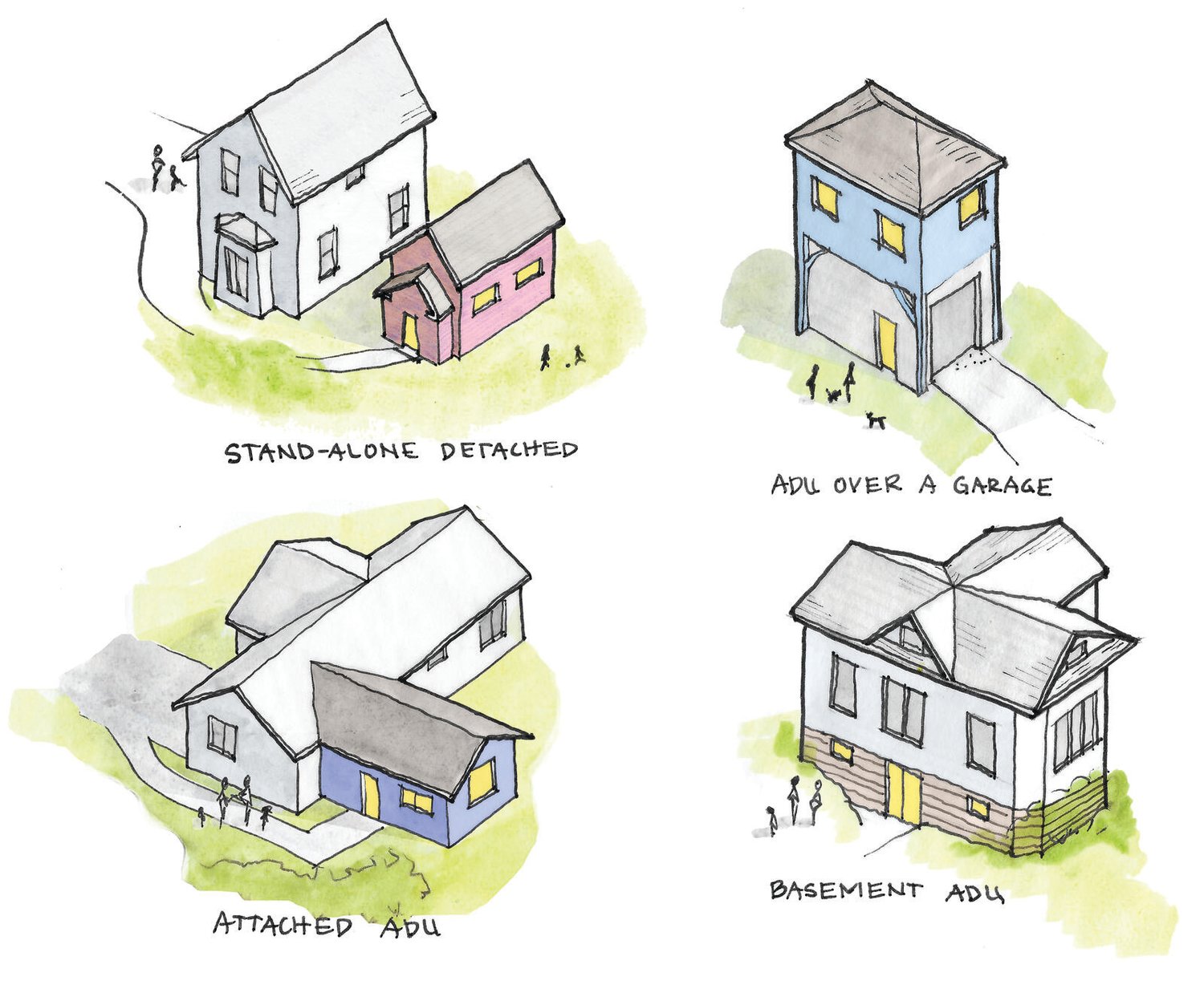 While Accessory Dwelling Units, or ADUs, like the ones shown here are an excellent choice for long-term rentals, city code forbids the use of ADUs for short term rentals, defined as housing used for a stay of under 30 days.